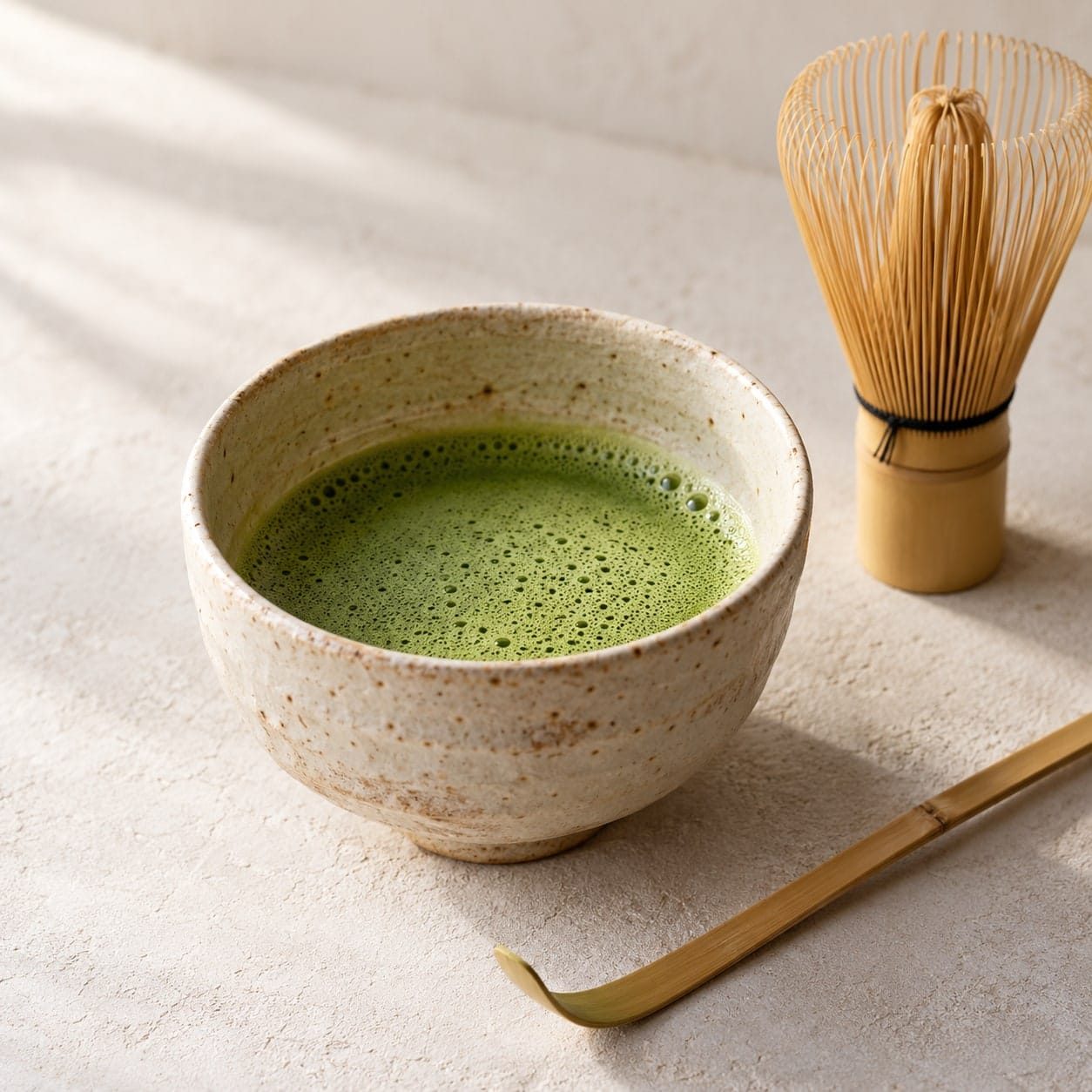Vyšlehaná matcha ve světlé keramické misce s chasenem.