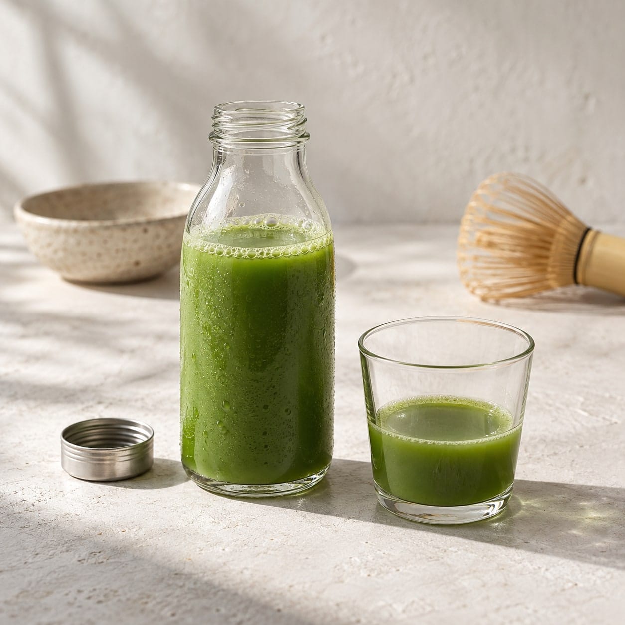 Matcha se studenou vodou v lahvi a ve sklenici