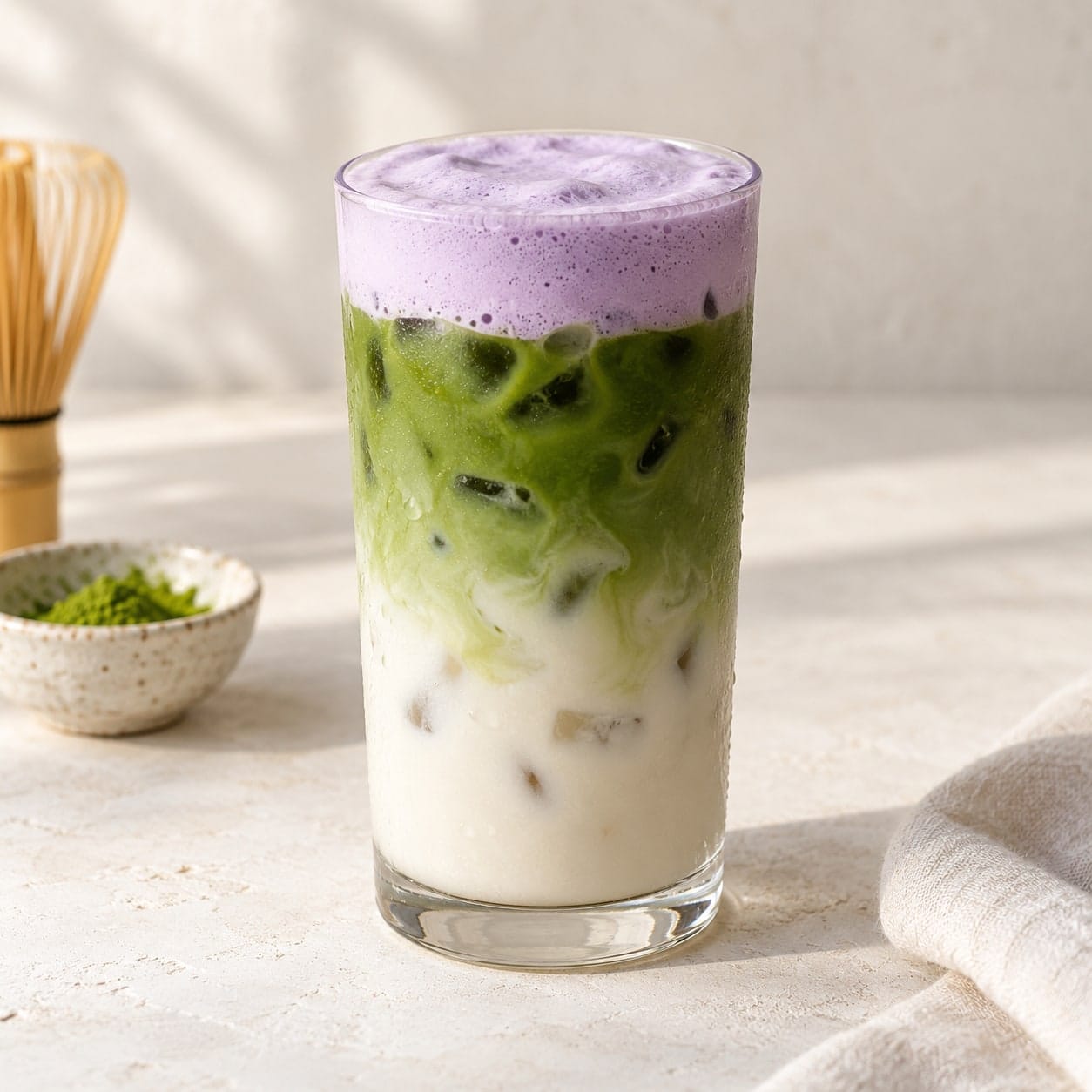 Ube pěna na ledovém matcha latte