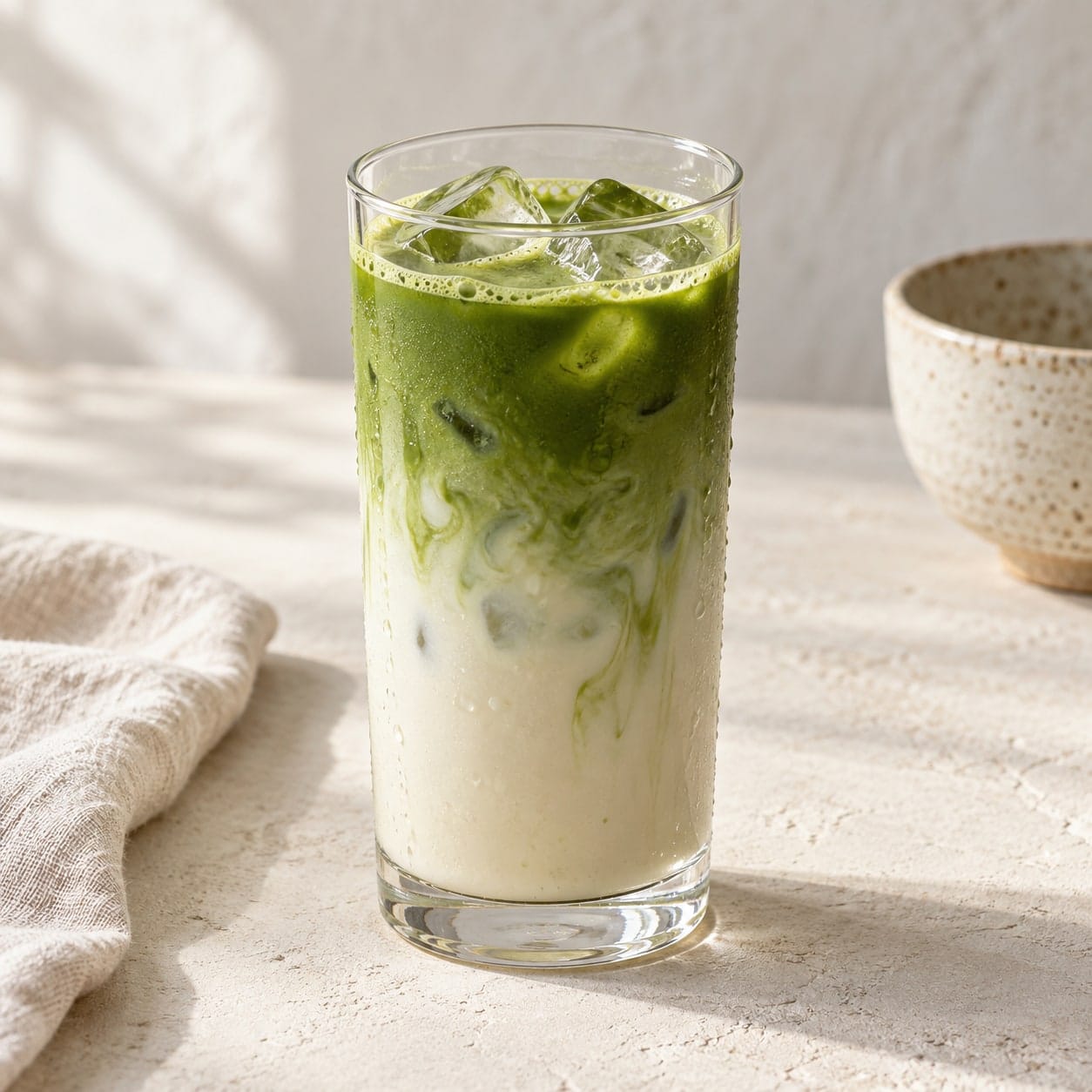 Ledové matcha latte ve vysoké sklenici s ledem