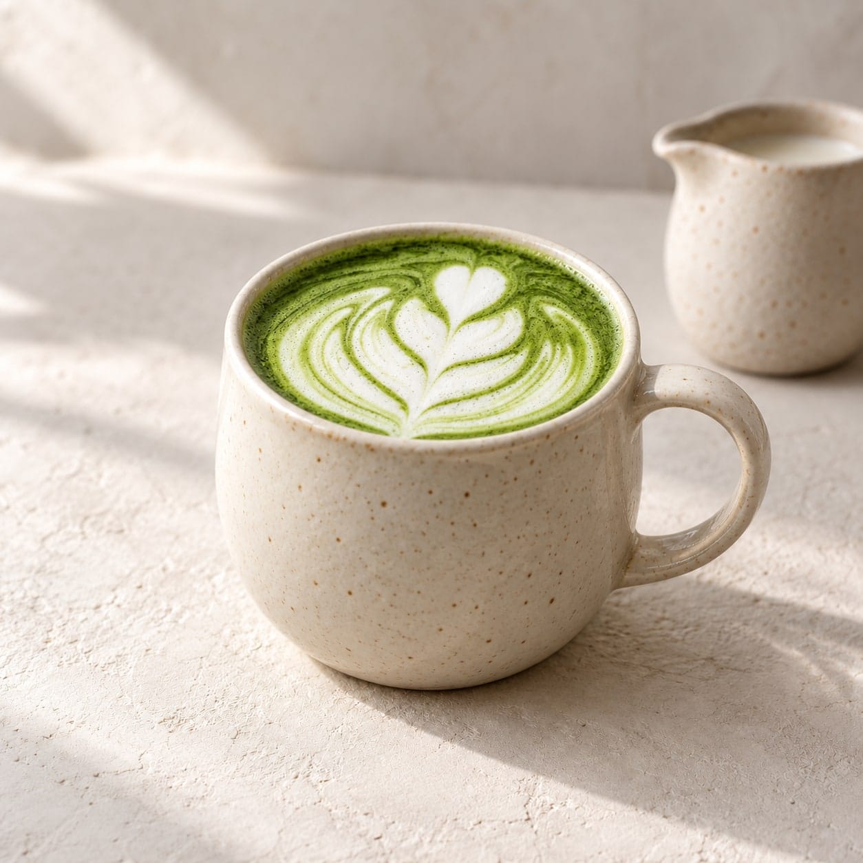 Teplé matcha latte v hrnku, vedle džbánek mléka